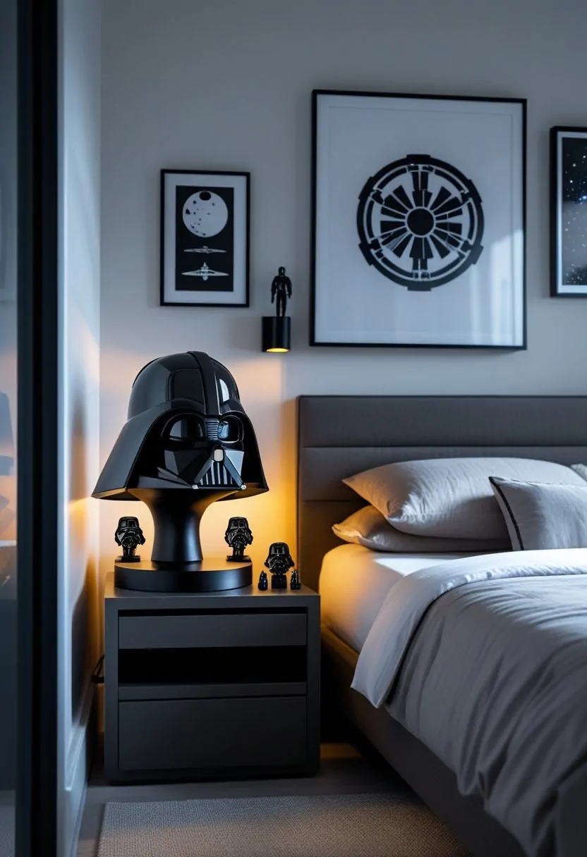 A bedroom with a Darth Vader helmet lamp on a bedside table, minimalist furniture, and Star Wars-themed decorations.