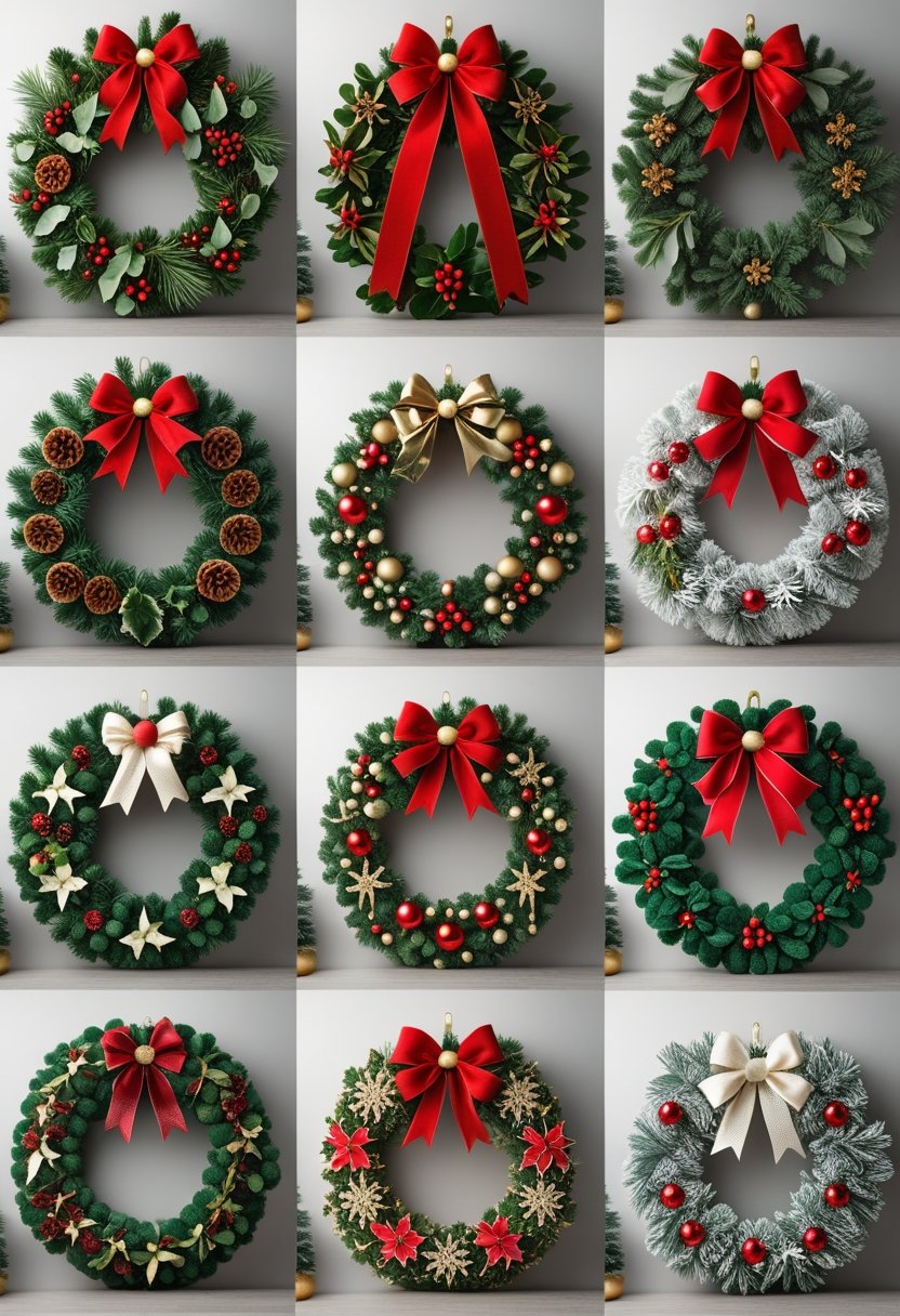 A vertical collage of different Christmas wreaths decorated with pine branches, berries, pine cones, ribbons, and ornaments.