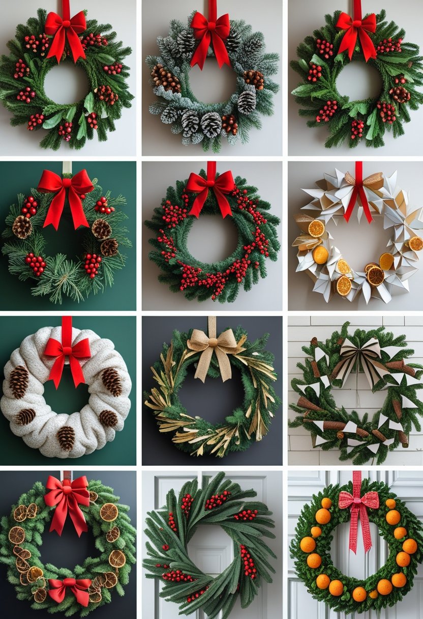 A vertical collage of various colorful Christmas wreaths displayed against a plain background.