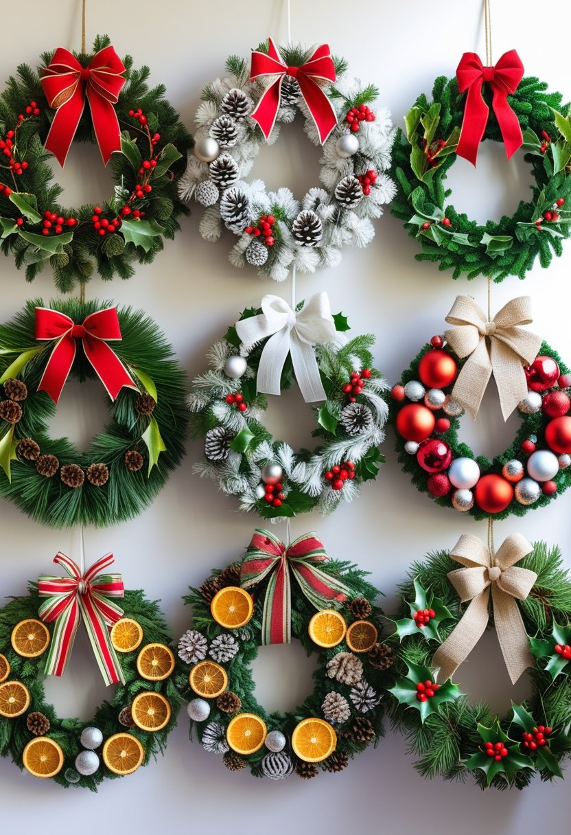 A vertical arrangement of various colorful Christmas wreaths with festive decorations.