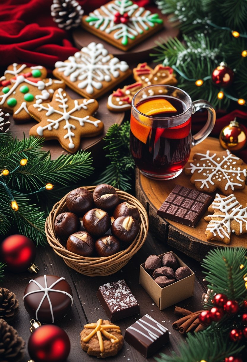 A colorful display of various Christmas holiday treats including gingerbread cookies, mulled wine, roasted chestnuts, and chocolates surrounded by festive decorations and lights.