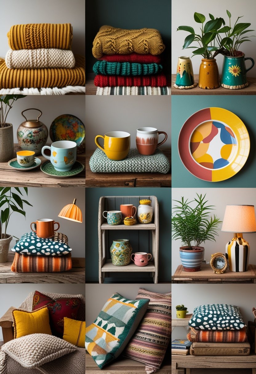 A vertical collage showing a variety of cozy and colorful thrifted home items including blankets, cushions, ceramics, wooden furniture, plants, and artwork.