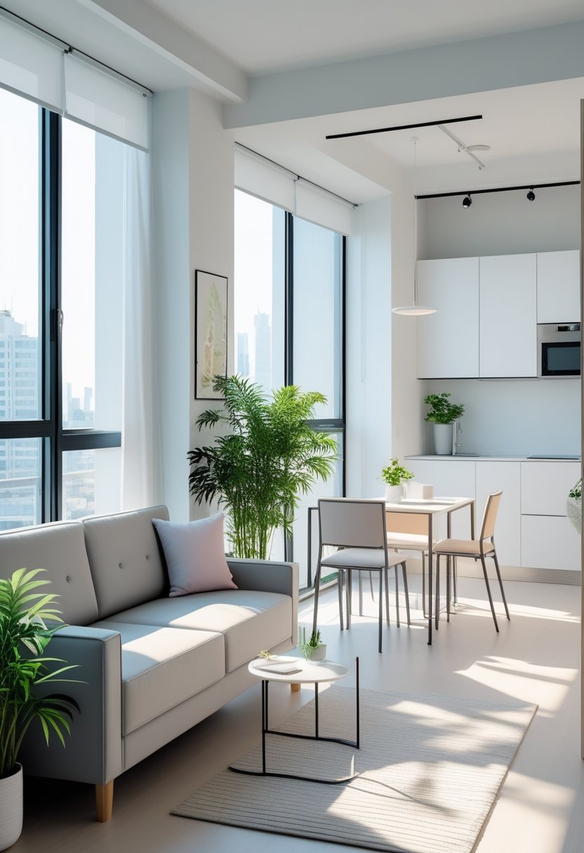 A bright and tidy studio apartment with a sofa, dining table, kitchenette, and plants, arranged to maximize the small space.